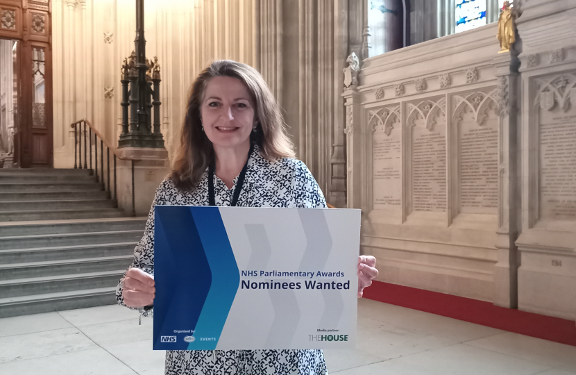 MP Caroline Ansell promoting the call for NHS Parliamentary Awards nominations. Pictured in Parliament.