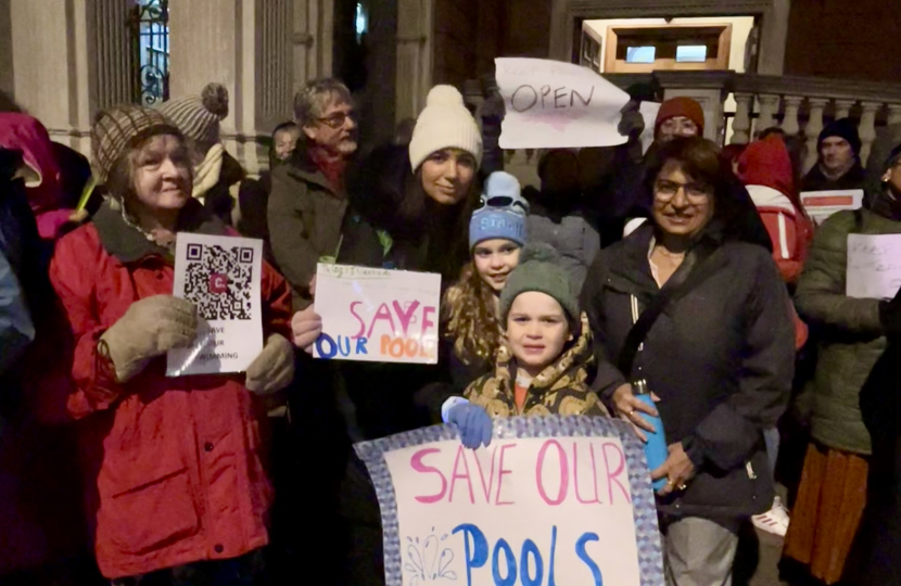 Councillor Kshama Shore pictured outside of Eastbourne Town Hall with local protestors, desperate to keep all Sovereign Centre Pools open.