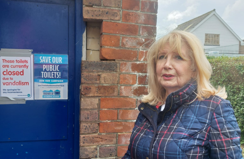 Cllr Jane Lamb pictured next to one of our closed seafront public toilets, as the bustling Fisherman's Green