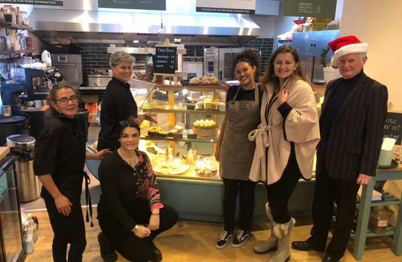 MP Caroline Ansell and Cllr Robert Smart inside Ren's on Meads Street. Featured with the staff and Robert has his Santa hat on for the season.