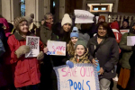 Councillor Kshama Shore pictured outside of Eastbourne Town Hall with local protestors, desperate to keep all Sovereign Centre Pools open.