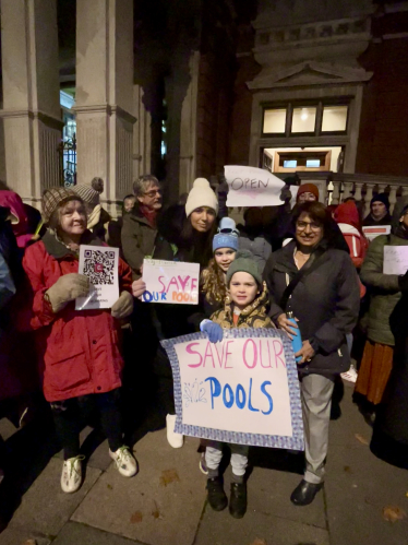 Councillor Kshama Shore pictured outside of Eastbourne Town Hall with local protestors, desperate to keep all Sovereign Centre Pools open.